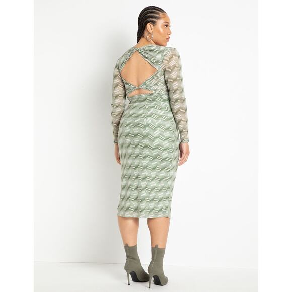 Eloquii Mesh Printed V Neck Twist Open Back Midi Dress Size 18 NWT Green Cream - Picture 4 of 12
